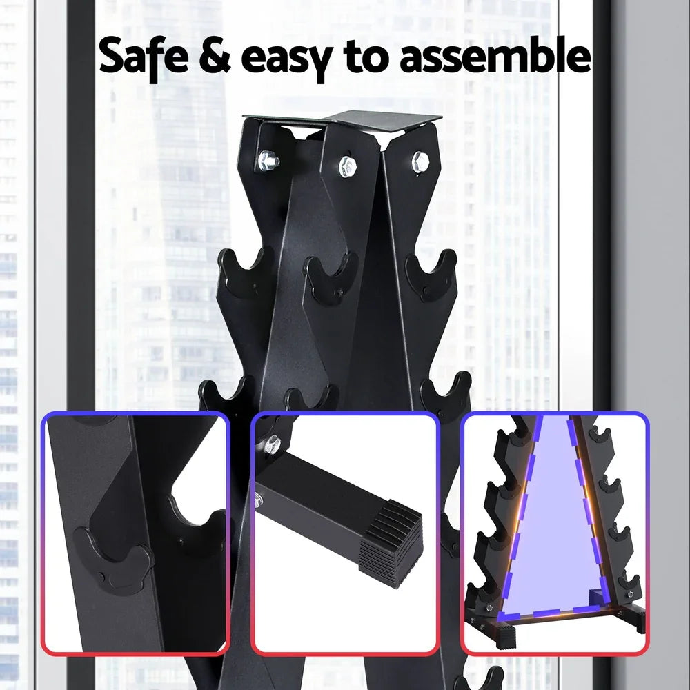 Black metal dumbbell rack with hooks and rubber feet, safe and easy to assemble