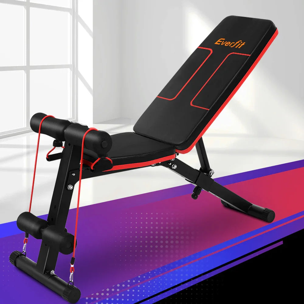 Everfit adjustable black and red workout bench with resistance bands in a bright room