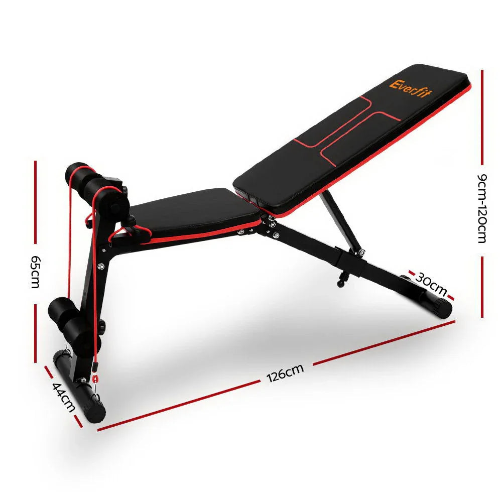Adjustable Everfit workout bench with padded black and red cushions and resistance bands, showing measurements