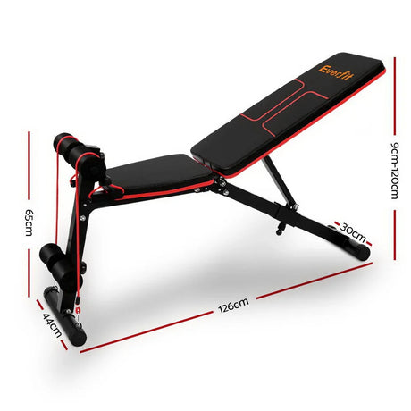Adjustable Everfit workout bench with padded black and red cushions and resistance bands, showing measurements