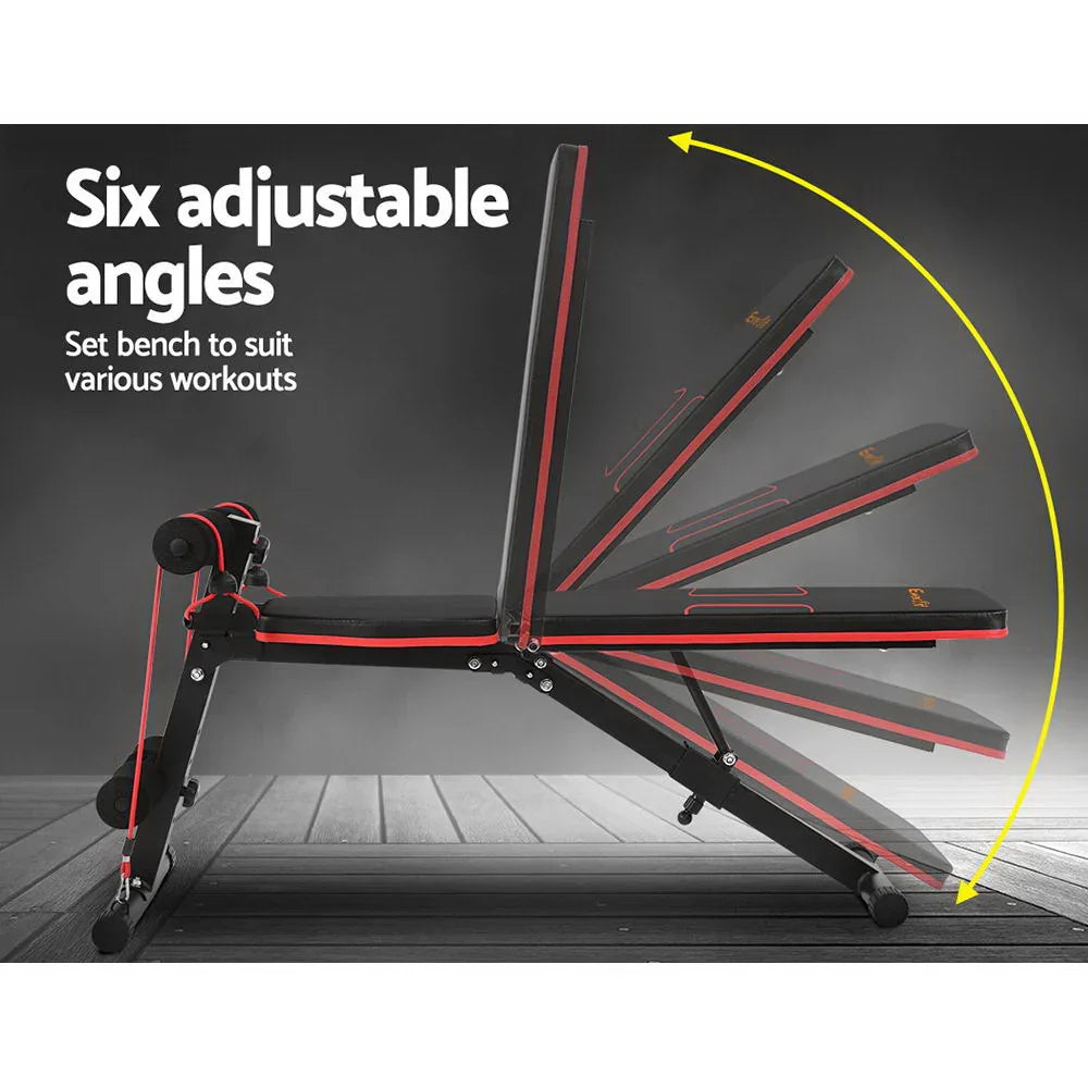 Adjustable black and red workout bench showing six different angled positions for versatile fitness exercises