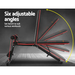 Adjustable black and red workout bench showing six different angled positions for versatile fitness exercises