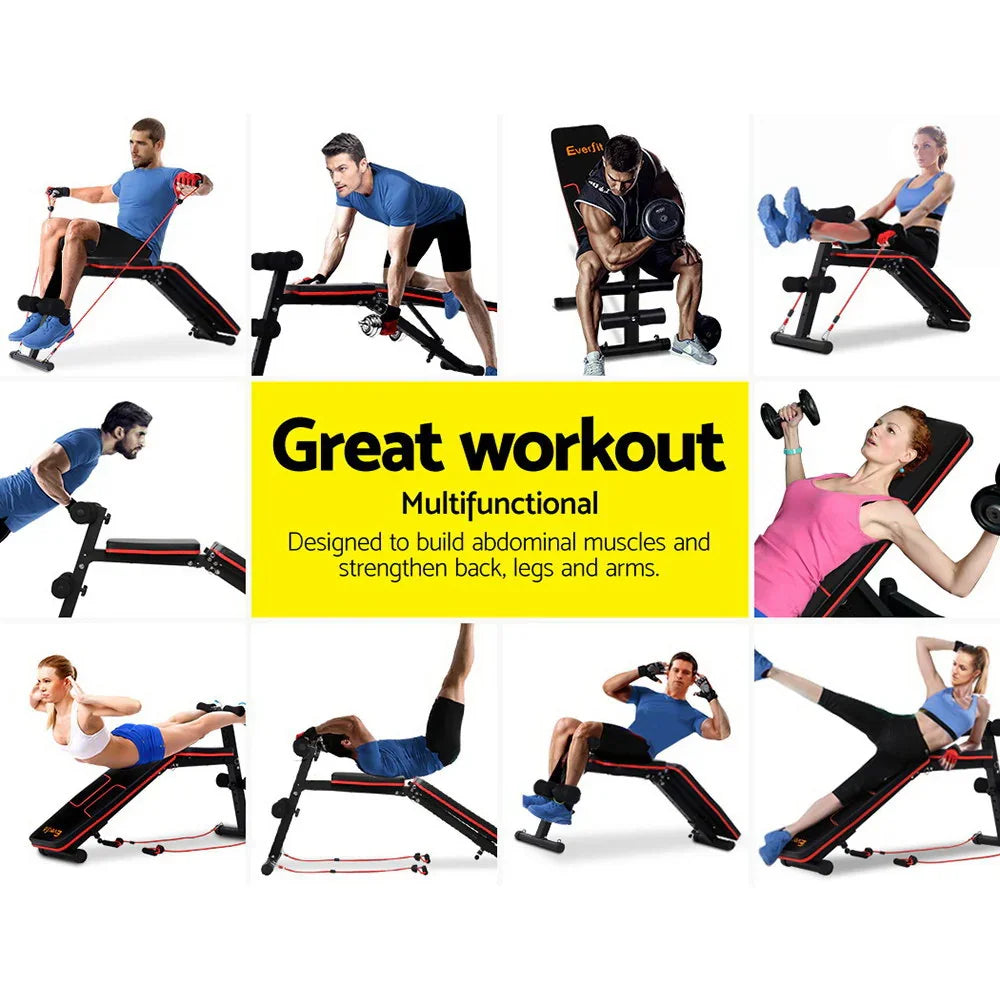 Multifunctional workout bench with resistance bands used by men and women for abs, strength training