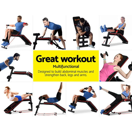 Multifunctional workout bench with resistance bands used by men and women for abs, strength training