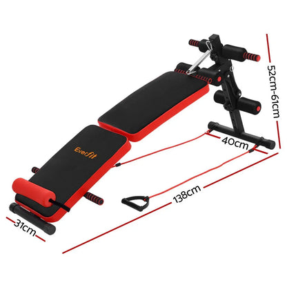 Eeverfit adjustable sit-up bench with red and black padding and resistance bands, gym equipment