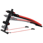 Adjustable red and black sit-up bench with resistance bands for home gym workouts