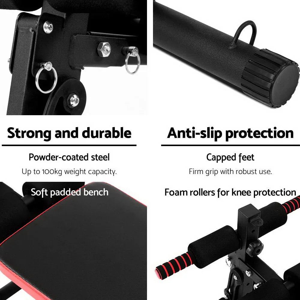 Sit-up bench features powder-coated steel, soft padded seat, capped feet, and foam rollers.