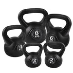 Set of five black kettlebells weighing 2kg, 4kg, 6kg, and 8kg for fitness training