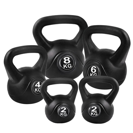 Set of five black kettlebells weighing 2kg, 4kg, 6kg, and 8kg for fitness training