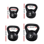 Set of four black kettlebells weighing 2kg, 4kg, 6kg, and 8kg with handle and height dimensions