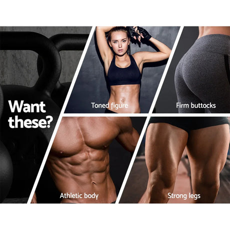 Fitness collage showing toned female figure, firm buttocks, athletic male body, and strong legs with kettlebell weights
