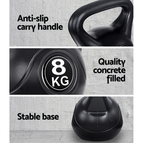 8kg black kettlebell with anti-slip carry handle, concrete filled, stable base on concrete surface