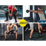 Four people performing versatile kettlebell workouts including squats, swings, and rows in gym settings