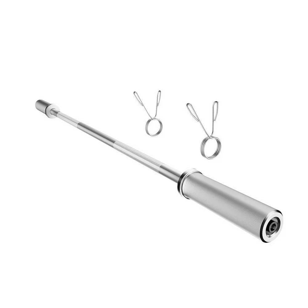 120cm chrome barbell bar with knurled grip and two spring collars on white background