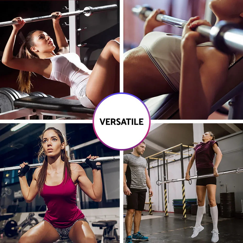 Women using a barbell for bench press, squats, and lifting in a gym, demonstrating versatility