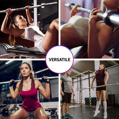 Women using a barbell for bench press, squats, and lifting in a gym, demonstrating versatility