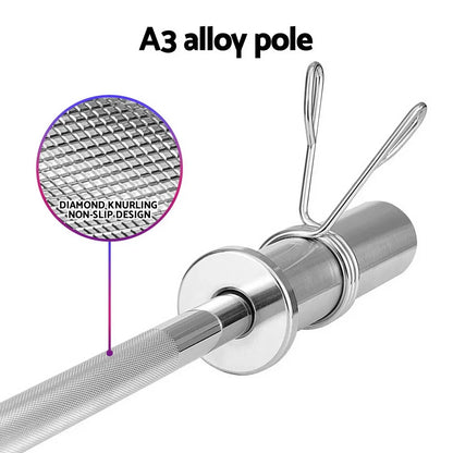 A3 alloy barbell pole with diamond knurling non-slip grip and spring collar clips