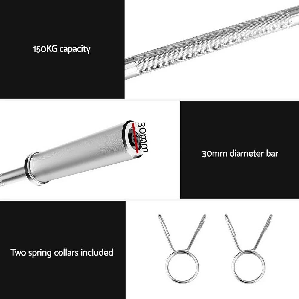120cm dumbbell bar with 150kg capacity, 30mm diameter, and two spring collars included