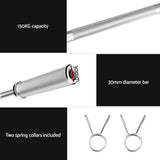 120cm dumbbell bar with 150kg capacity, 30mm diameter, and two spring collars included