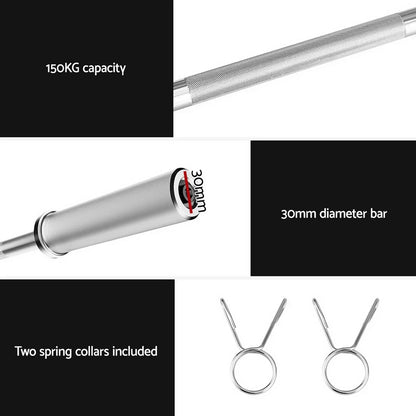 120cm dumbbell bar with 150kg capacity, 30mm diameter, and two spring collars included