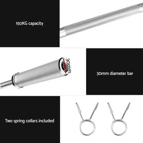 120cm dumbbell bar with 150kg capacity, 30mm diameter, and two spring collars included