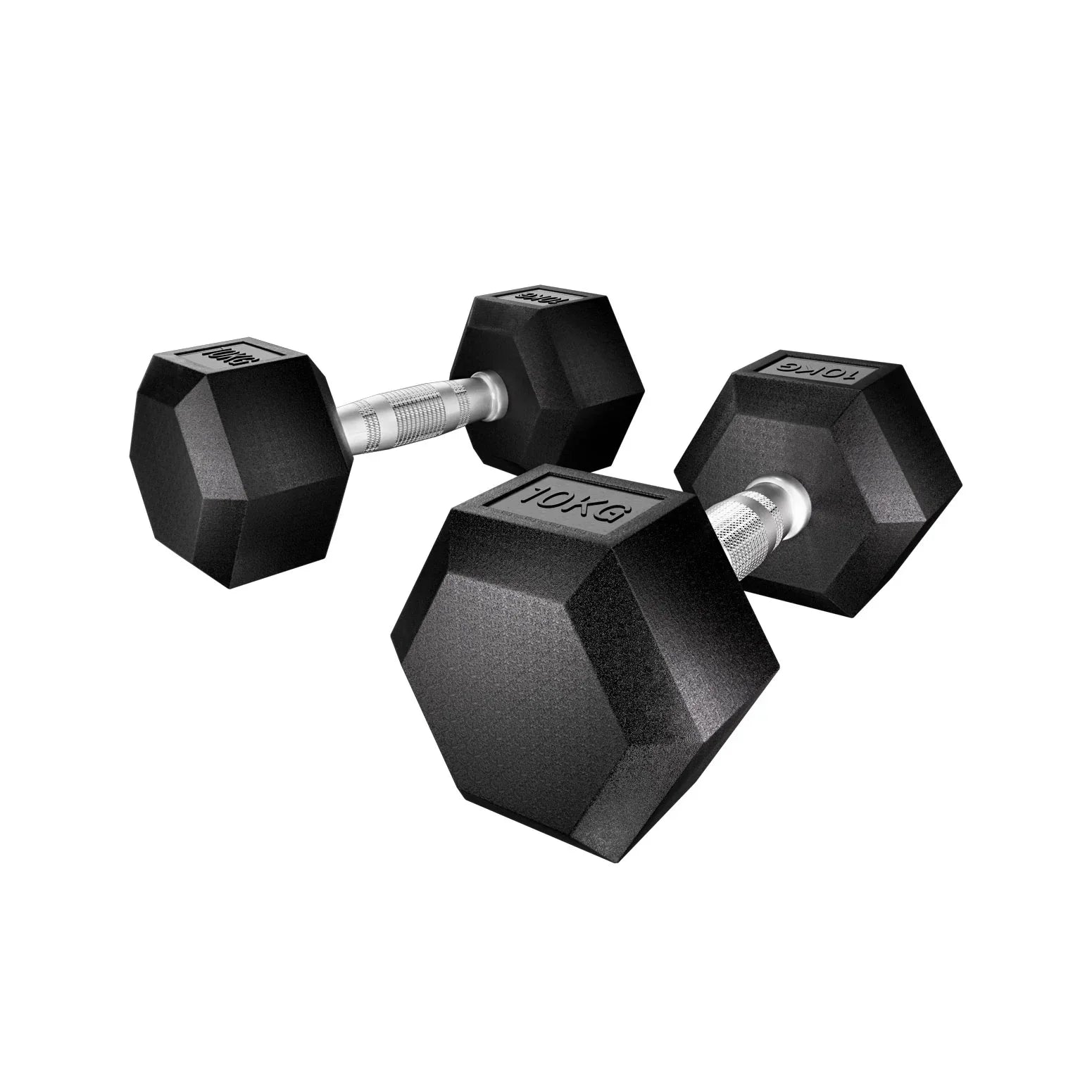 Pair of 10kg black hex rubber dumbbells with silver textured handles on white background