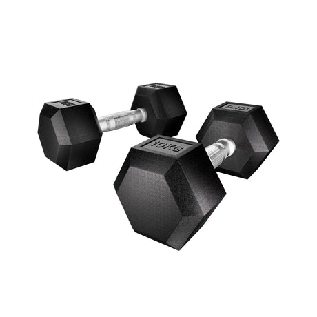 Pair of 10kg black hex rubber dumbbells with silver textured handles on white background