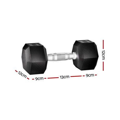 Hexagonal black rubber dumbbell with silver knurled handle and measurement labels