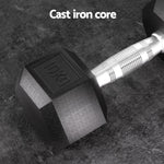 10 kg hex dumbbell with textured silver handle on textured black surface, cast iron core