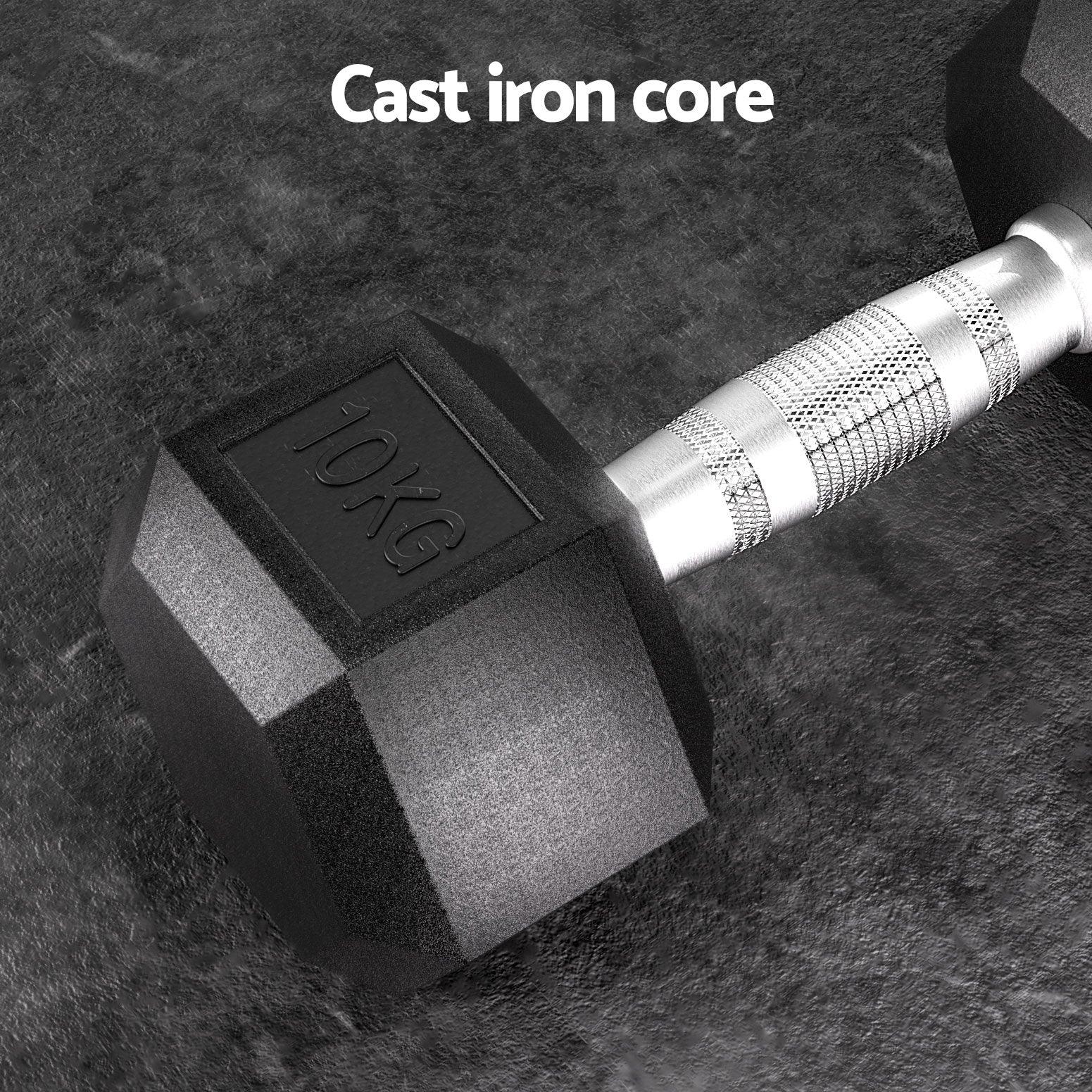 10 kg hex dumbbell with textured silver handle on textured black surface, cast iron core