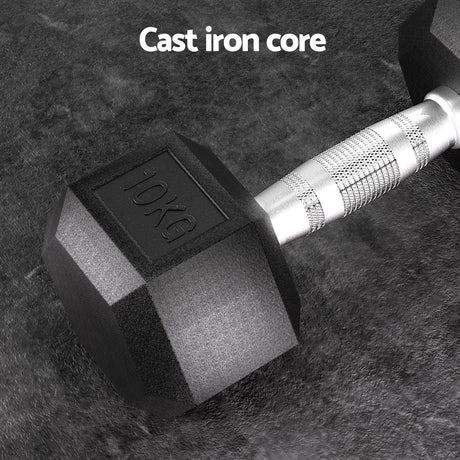 10 kg hex dumbbell with textured silver handle on textured black surface, cast iron core