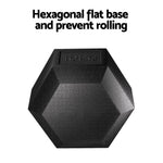 Black 10kg hexagonal dumbbell with flat base to prevent rolling