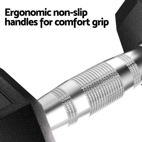 Close-up of ergonomic non-slip textured metal dumbbell handle with black hex weight end