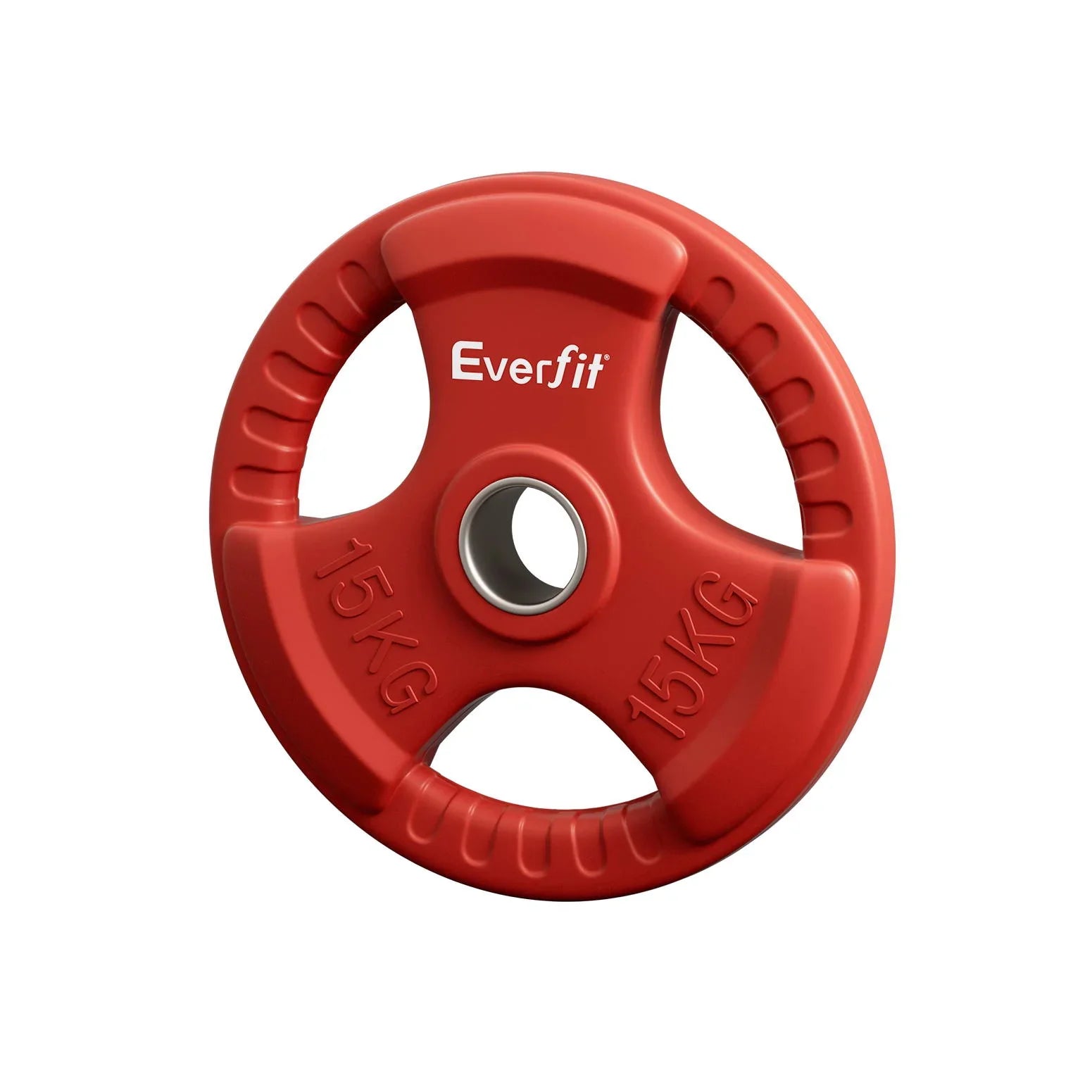 Red Everfit 15kg weight plate with ergonomic grips and metal center ring on white background