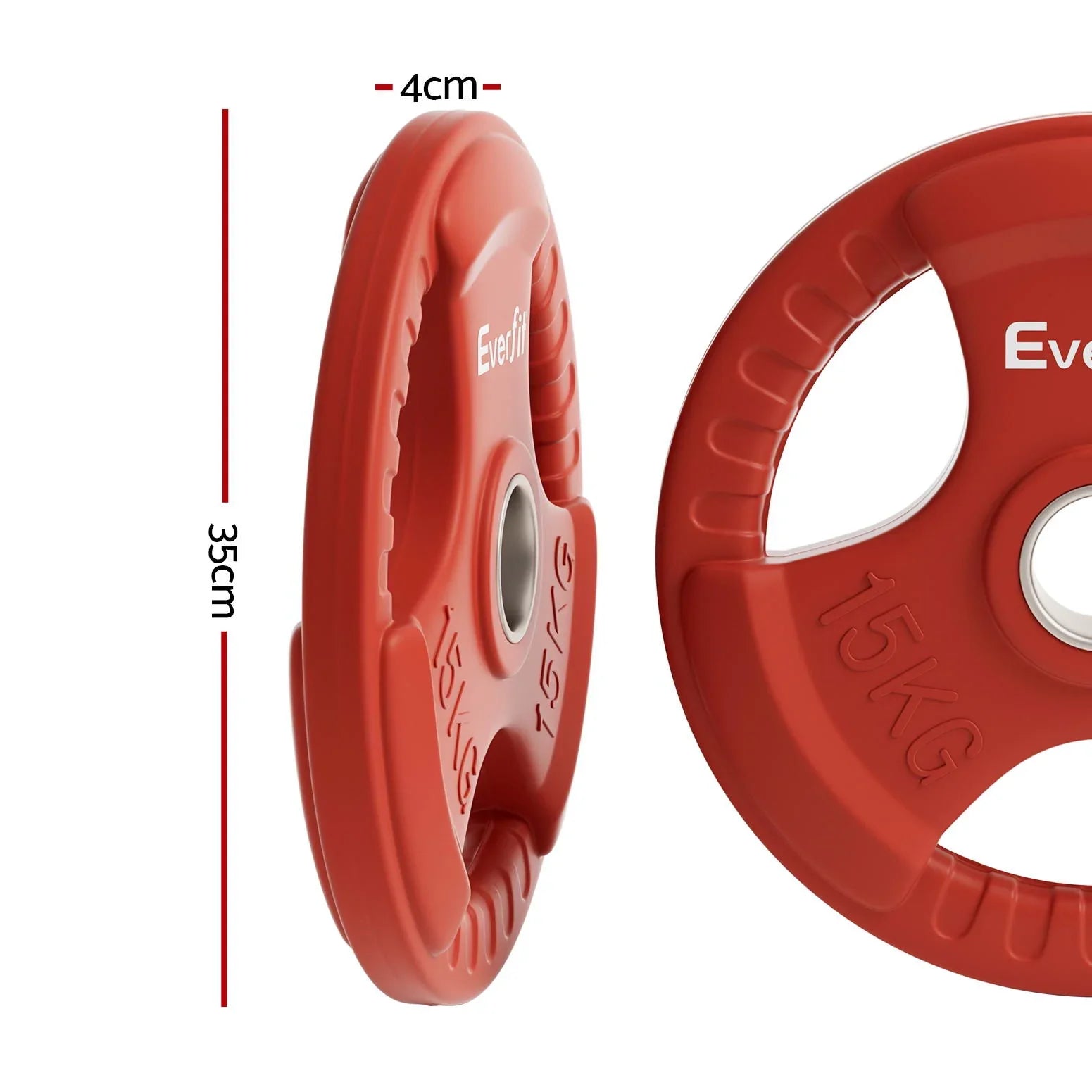 Red Everfit 15kg weight plate with 35cm diameter and 4cm thickness, ergonomic grip design