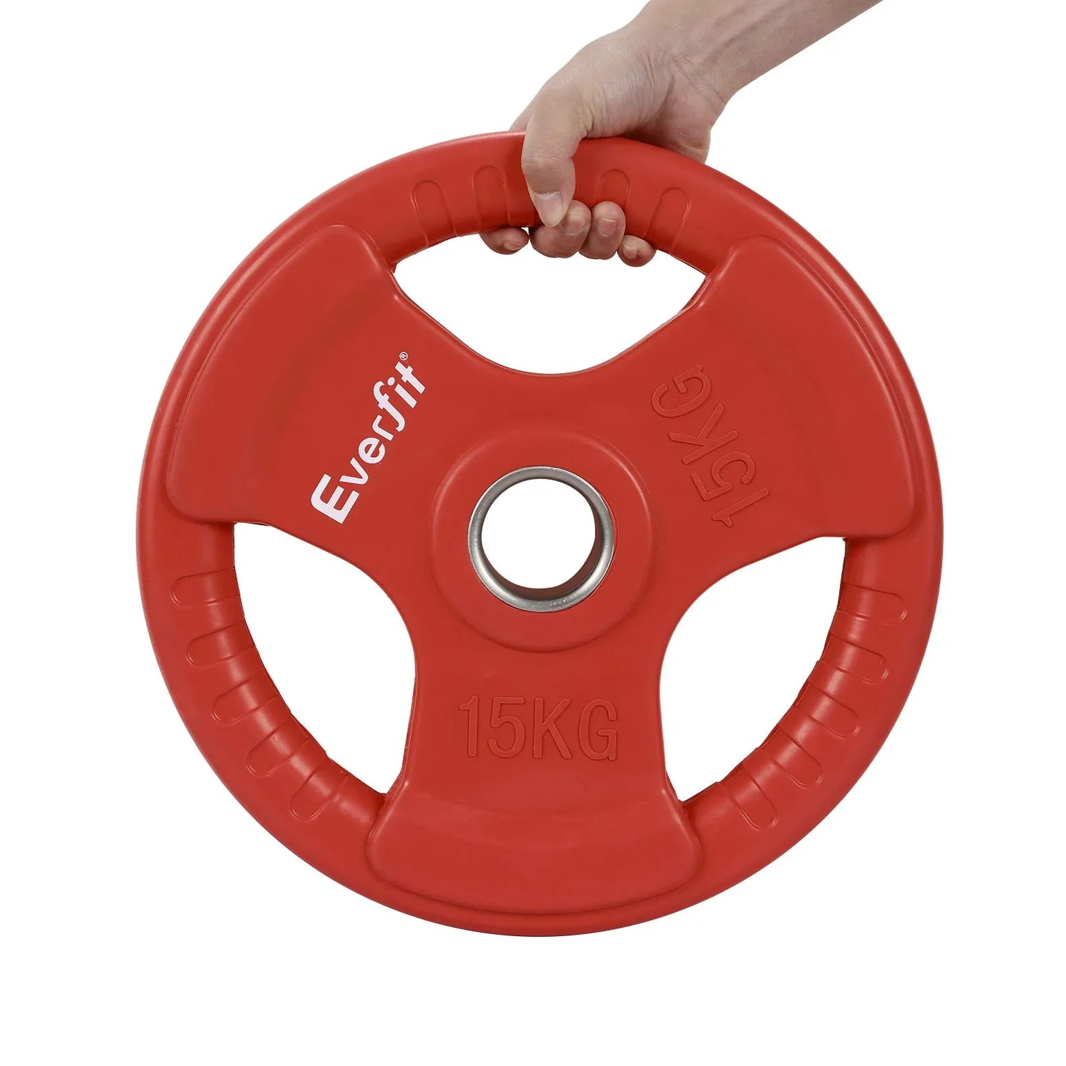Hand holding red Everfit 15kg weightlifting plate with grip holes on white background