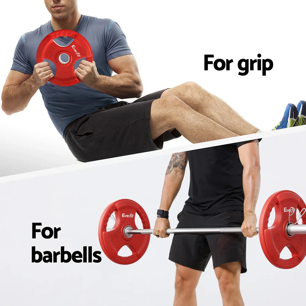 Two men exercising with red Everfit 15KG weight plates, one holding plate for grip, other lifting barbell