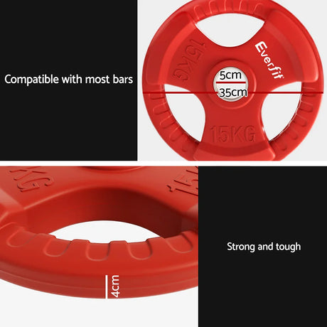 Red 15kg Everfit weight plate with 35cm diameter, 5cm center hole, and 4cm thickness