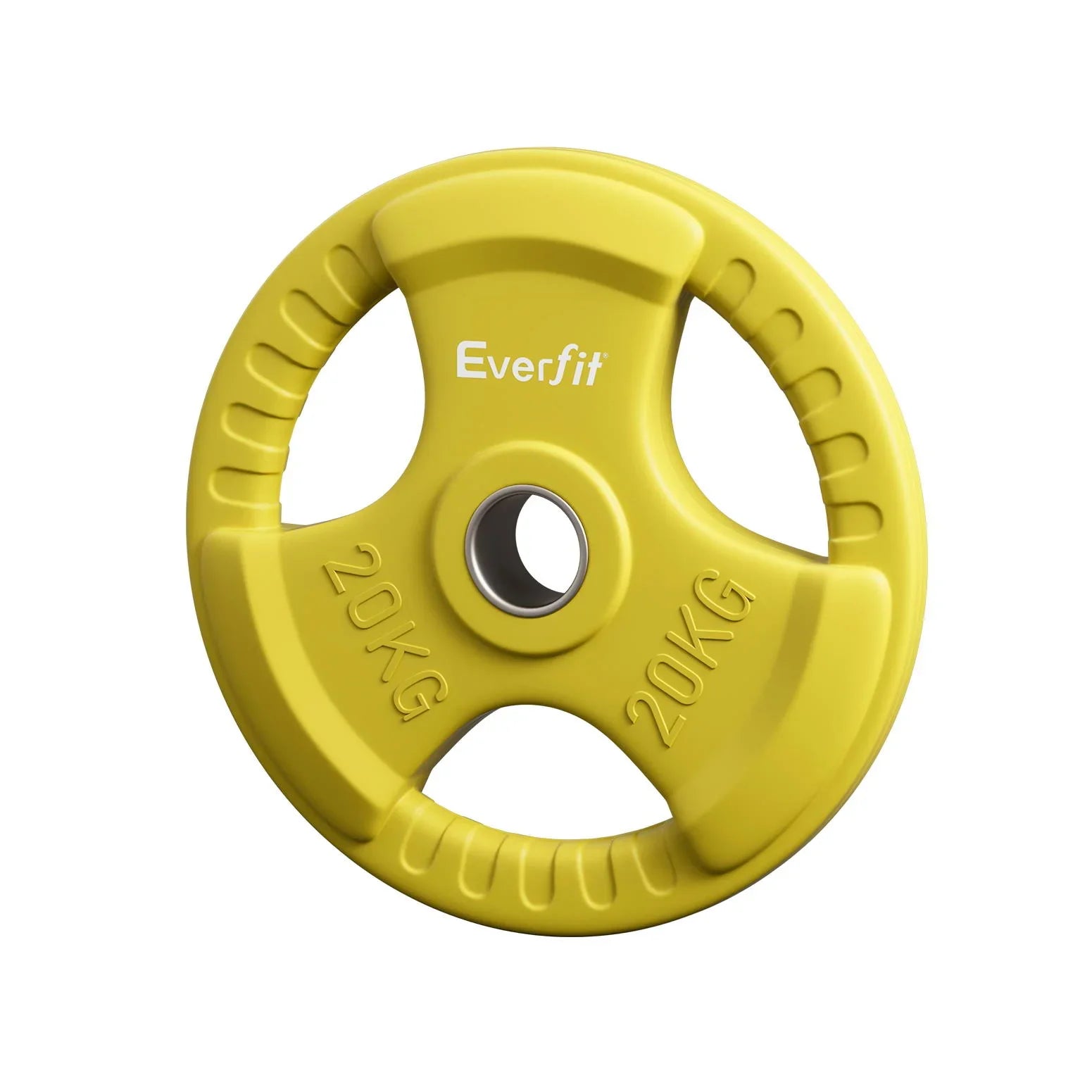 Yellow Everfit 20kg weight plate with three grip holes and metal center ring