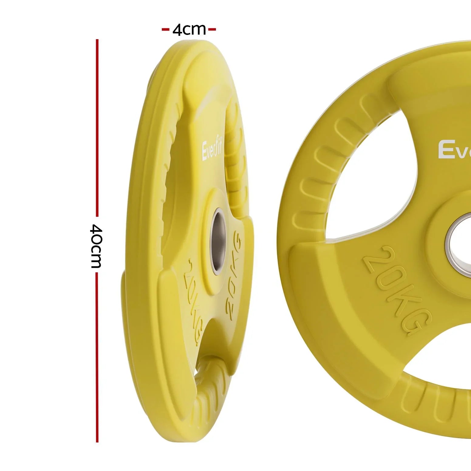 Yellow Everfit 20KG weight plate with dimensions 40cm by 4cm, fitness equipment
