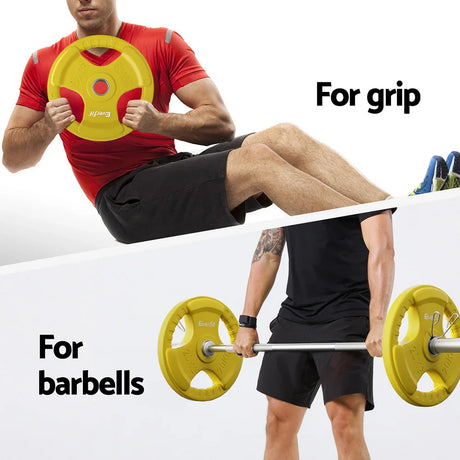 Man exercising with yellow 20kg Everfit weight plate for grip and barbell workout