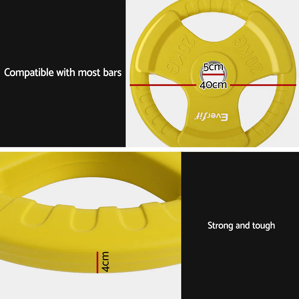 Yellow 20kg Everfit weight plate with 40cm diameter, 5cm center hole, durable and compatible with most bars