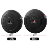 Black 5kg and 10kg weight plates with dimensions and 3.1cm center holes