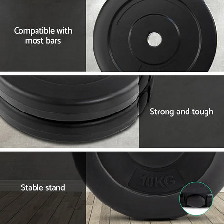 Black 10kg weight plates with labels showing compatibility, durability, and stable stand on wooden floor