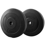 Two black 10kg rubber-coated weight plates for weightlifting with central holes