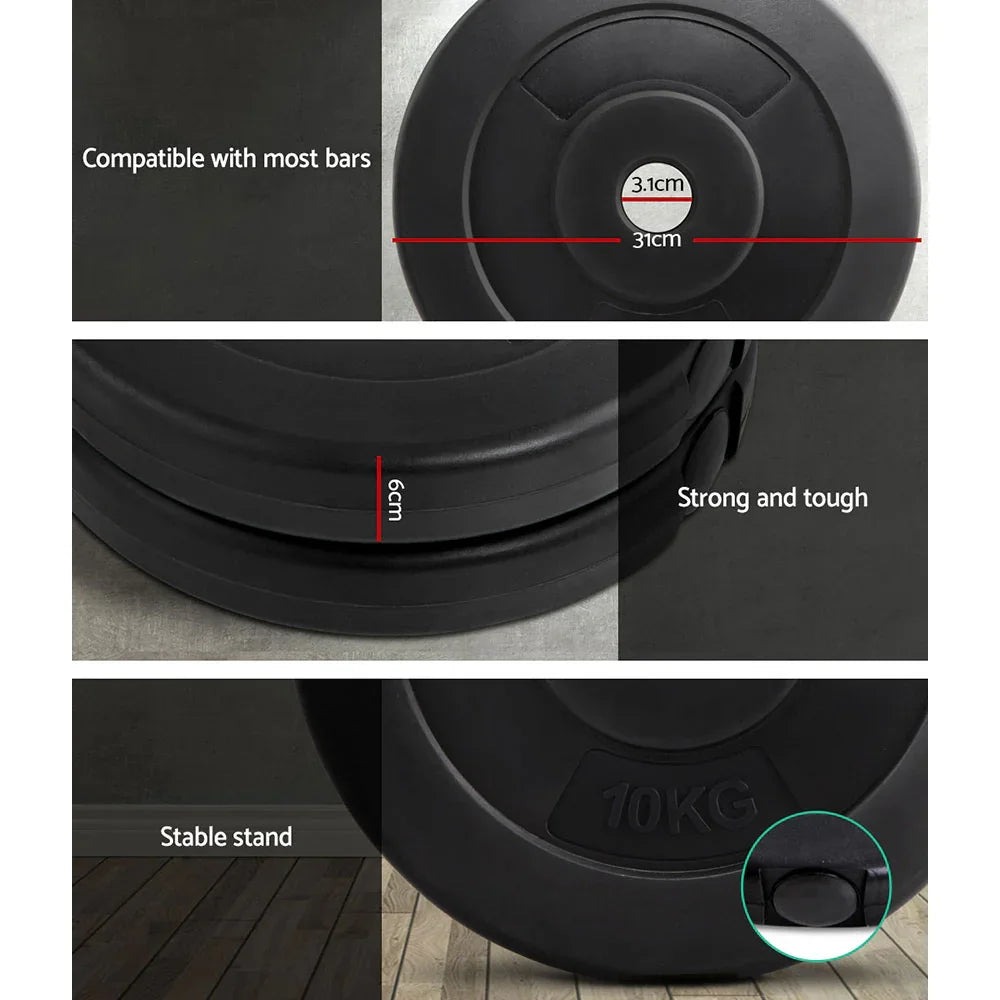Black 10KG weight plate with 31cm diameter, 3.1cm center hole, 6cm thickness, strong and stable stand