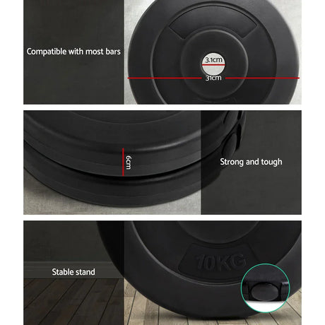 Black 10KG weight plate with 31cm diameter, 3.1cm center hole, 6cm thickness, strong and stable stand