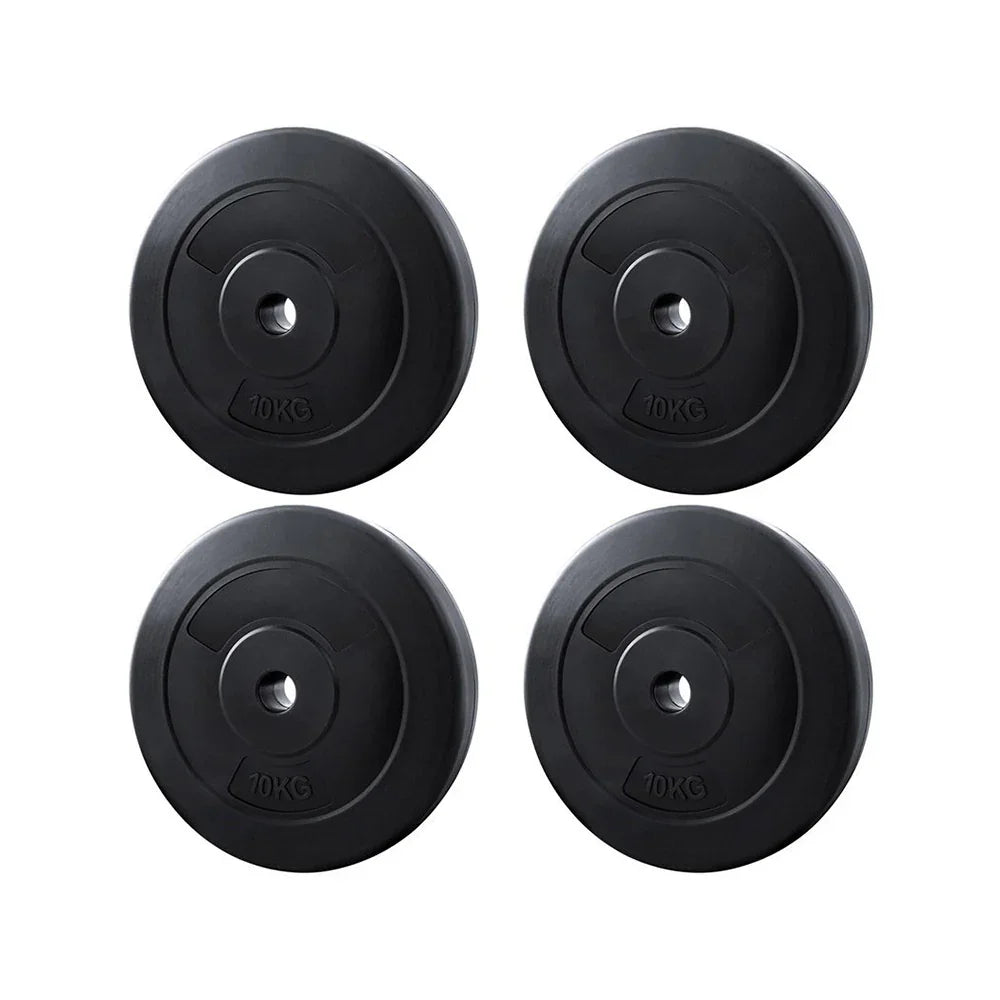 Set of four black 10kg rubber weight plates for gym barbell lifting
