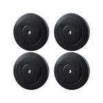 Set of four black 10kg rubber weight plates for gym barbell lifting