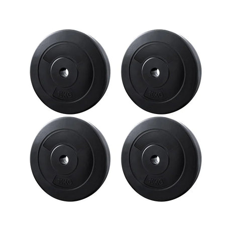 Set of four black 10kg rubber weight plates for gym barbell lifting